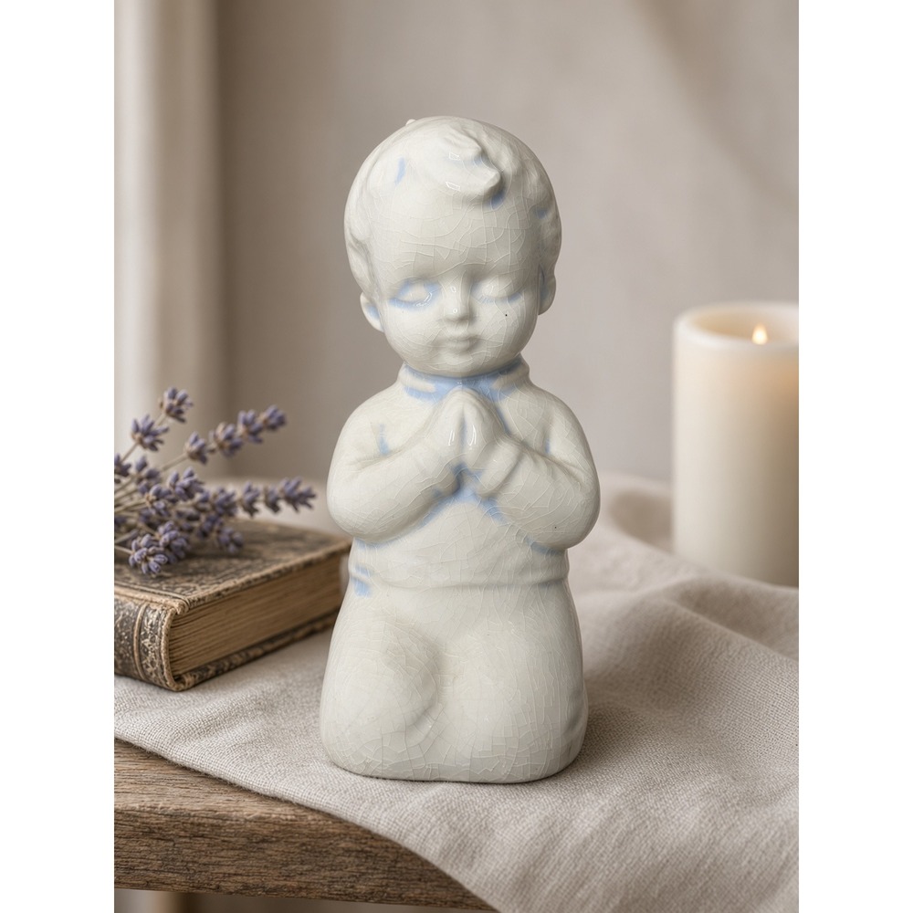 Vintage Praying Boy Figurine 6 Inch Ceramic Crackle Glaze Blue White Statue 1984